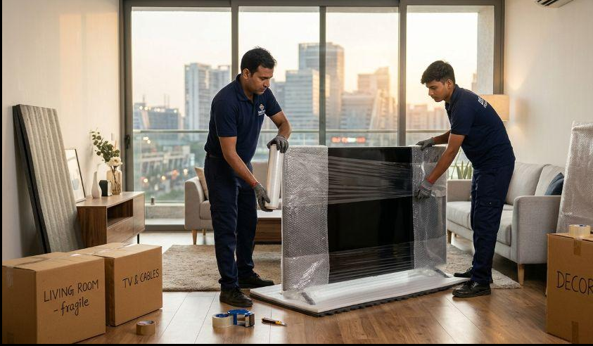 Packer wrapping fragile household items in bubble wrap